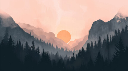 Illustration of a serene sunset in misty mountains with pine tree silhouettes, modern monochrome style - obrazy, fototapety, plakaty