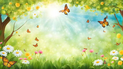 Spring-themed background and banner featuring flowers, green trees, and butterflies to create a springtime atmosphere. Ideal for spring promotions, flower exhibitions, or garden parties.