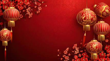 Chinese new year decorations red balls and cherry blossom background.