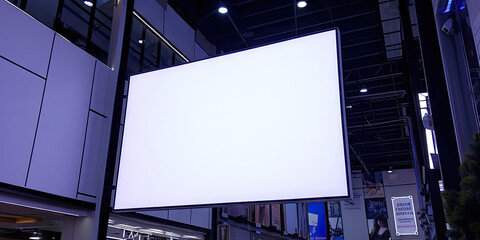 advertising screen with display in indoors building, mockupLarge hanging screen in building ,for digital advertising, event announcements, live streaming, informational displays, and public messaging.