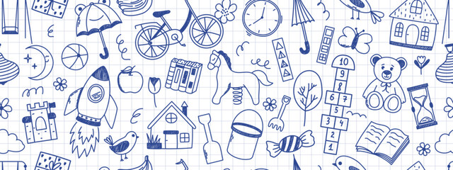 Seamless pattern with kindergarten doodle elements. Horse, hopscotch, toys, rocket, umbrella, house, book and other elements. Scribbled with chalk texture.