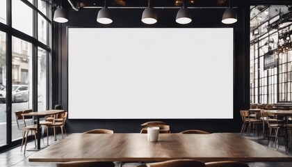 Modern, well-lit café with wooden tables and chairs, featuring a large blank white screen on the wall. - obrazy, fototapety, plakaty