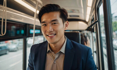 Portrait of businessman riding public electric bus to reduce air pollution