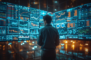 Double exposure of People in business are studying and working on the analytics to forecast stock market behavior. CEO with hands crossed in front view