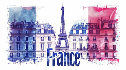 Travel to France country illustration background with a mix of French flag colors and architecture of France isolated on white backdrop