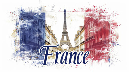 Travel to France country illustration background with a mix of French flag colors and architecture of France isolated on white backdrop