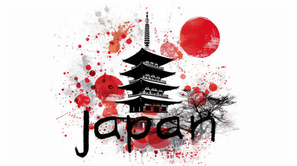 Travel to Japan country illustration background with a mix of Japanese flag colors and architecture of Japan isolated on white backdrop