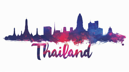Travel to Thailand country illustration background with a mix of Thai flag colors and architecture of Thailand isolated on white backdrop