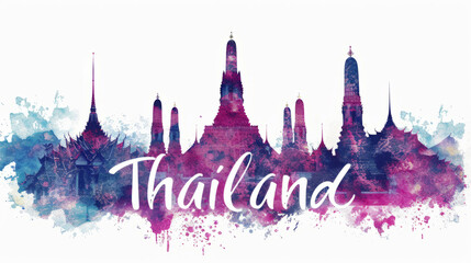 Travel to Thailand country illustration background with a mix of Thai flag colors and architecture of Thailand isolated on white backdrop