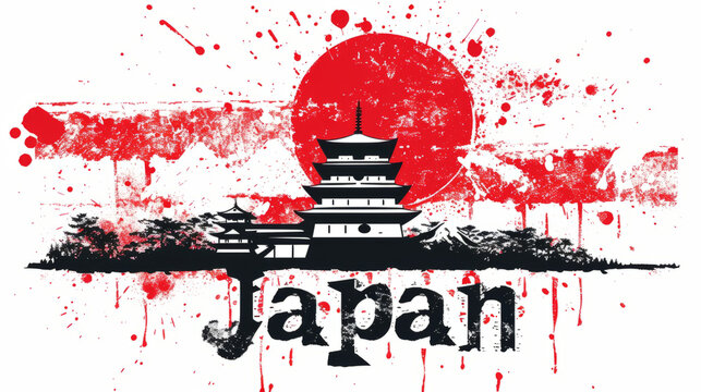 Travel to Japan country illustration background with a mix of Japanese flag colors and architecture of Japan isolated on white backdrop