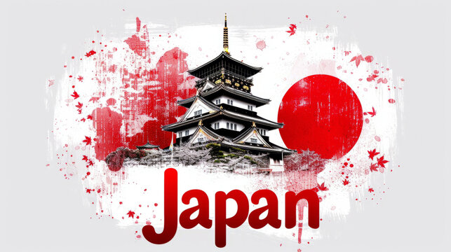 Travel to Japan country illustration background with a mix of Japanese flag colors and architecture of Japan isolated on white backdrop