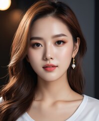 a korean woman with long hair wearing a white shirt and gold earrings, looking at the camera with a serious look on her face
