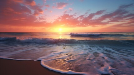 Breathtaking sunrise over a tranquil beach, captured by an HD camera, featuring vibrant hues reflecting on the water and creating a stunning coastal scene