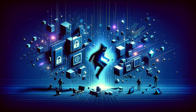 Cyber Thief: Abstract depiction of cryptojacking with dynamic 2D and 3D elements