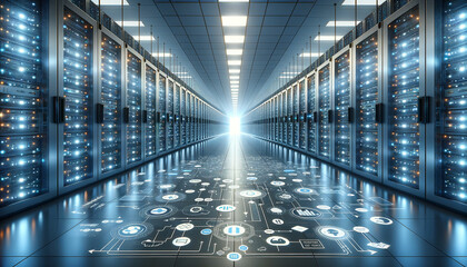 Data Replication: Minimalist server room with sleek interface overlay