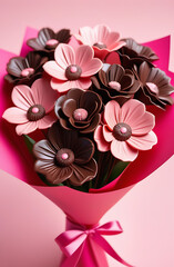 bouquet of chocolate flowers made of chocolate on a light pink background in pink wrapping paper