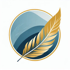 Blue Circle Logo with a Golden Feather on a white background 