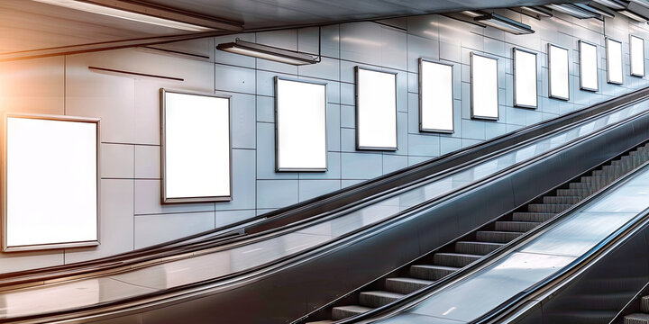 a group of four blank escalators outside in a shopping center,Empty billboards on a city street,Mock up Poster media template Ads Media display in Subway station
