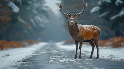 an adult antlered deer crosses an empty asphalt road that goes through a forest in which the first snow has fallen - obrazy, fototapety, plakaty