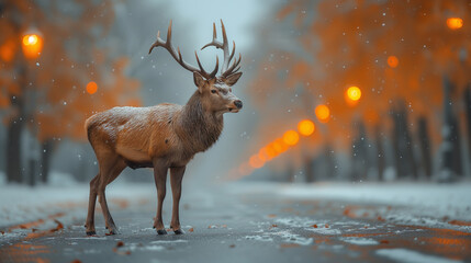 an adult antlered deer crosses an empty asphalt road that runs through a park where the first snow has fallen - obrazy, fototapety, plakaty