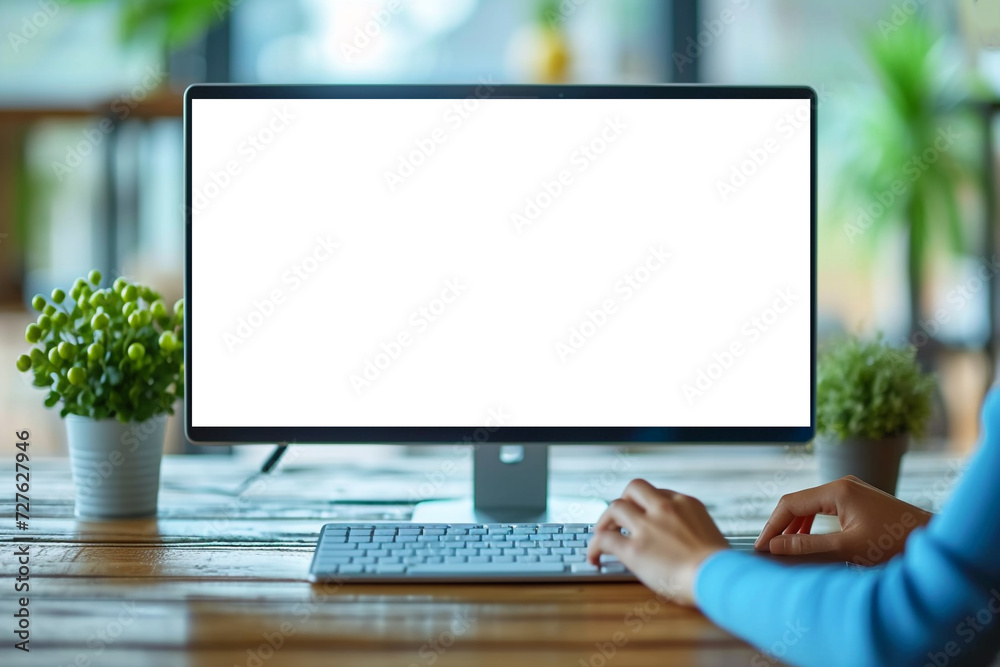 Poster monitor or computer with white blank screen on desk with space for text or graphics