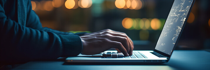 Close up of young business man hands typing on laptop computer keyboard in office, working on digital tablet, night with blurred bokeh background horizontal image size, space for text, Banner,person