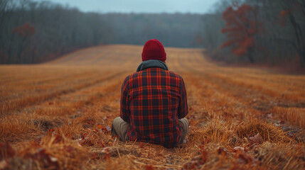 back view of a man in a checkered red and black shirt sitting in a gloomy, foggy autumn weather on a mown yellow field in the middle of a forest - obrazy, fototapety, plakaty