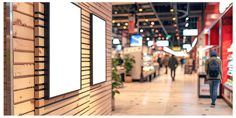 Obraz premium White billboard on wooden wall, for advertising, mockup presentations, announcements, promotions, and digital marketing.Blank Poster frame template Digital screen Supermarket Advertising banner