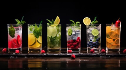 A Vibrant Collection of six Refreshing Fruit-Infused Waters Displayed Elegantly Against a Dark Background