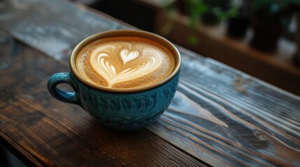 Hot latte coffee in blue cup on wooden table. Tasty breakfast concept. Energy drink close up. Coffee break. Cafe poster. Fresh morning beverage. Aroma coffe. Layer of delicate milk foam in heart shape