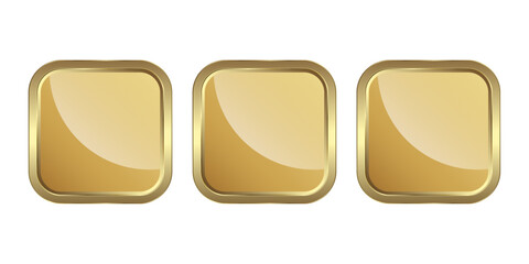Set of three Gold rectangle buttons isolated on white background luxury gold icon isolated white. Vector illustration. Gold rectangle shape symbol, premium button on white background