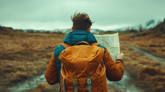 Back View Of A Male Tourist Wearing A Warm Jacket And With A Large Backpack Behind His Back Holding A Large Paper Map In His Hands Looking For A Way Or A Place, The Man Without A Hat Is On A Plateau 