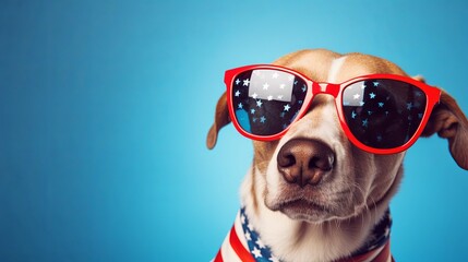 Dog wearing american sunglasses fashion portrait on bright pastel background. 4th of July USA Independence Day. presentation. advertisement. invite invitation. copy text space.