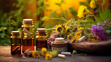 Obraz na płótnie Canvas Supplements and vitamins with medicinal herbs 