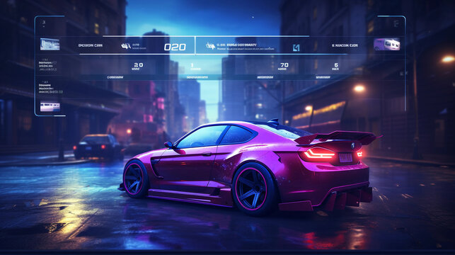 street racing AAA videogame gameplay with information datum design for console or web 3.0 playing to earn gaming crypto tokens and cryptocurrency project future as wide banner UI 