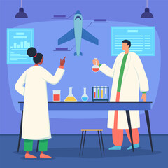Scientists in white coats working in laboratory vector illustration. Specialists with test tubes developing new biofuel for aircrafts. Reaserch and development concept 
