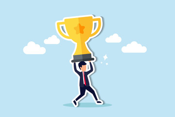 Attain big success, conquer large scale challenges, and strive for award winning efforts concept, confidence businessman entrepreneur carrying big winner trophy.