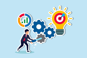 Initiate or execute projects, research or implement business ideas for results, strive to develop ideas and achieve business goals concept, businessman turn cog wheels to light up lightbulb idea.