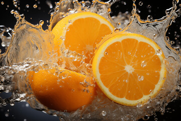 Sliced oranges splash in water against a dark backdrop. Concept for refreshing summer drinks, health, and vitality. Plenty of copy space.