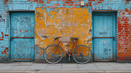 a beautiful ordinary bicycle leaning against a beautifully painted colored brick wall