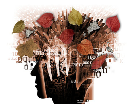 Burn out syndrome,Stress Overworked man,autumn leaves. Stylized male head, programmer, computer expert silhouette holding his head, with binary codes and gear and flying autumn leaves.