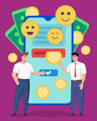 Young men using mobile phone to get profit vector  illustration. People interacting with smartphone. Coins and money on background. Finance, modern device concept