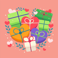 Obraz premium Valentines day banner design. Gift boxes in shape of heart, presents vector illustration with green leaves, red and pink hearts on background. Romance, love, spring concept