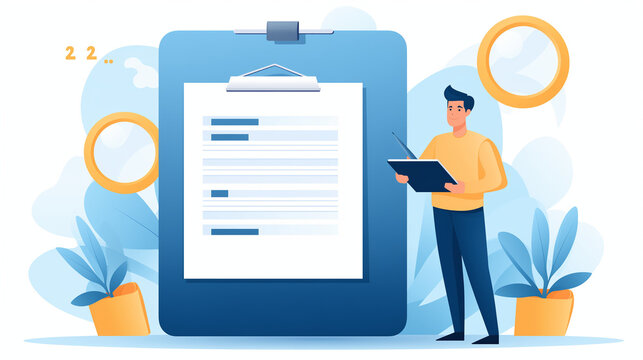 タスクチェックリスト、やることリストのチェックマーク付きクリップボード、仕事の完了、達成、調査やアンケートのコンセプトを追跡するタスク管理、鉛筆とチェックリストのクリップボードを持つビジネスマン。