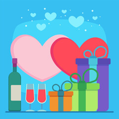 Fototapeta na wymiar Gift boxes, bottle of wine with glasses vector illustration with two big hearts on background. Banner design for Valentines day. Love, romance, celebration concept