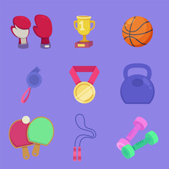 Sports equipment vector illustration collection. Basketball, boxing gloves, kettlebell, dumbbells, jumping rope, ping-pong paddles, gold cup and medal. Sport, leisure activity concept