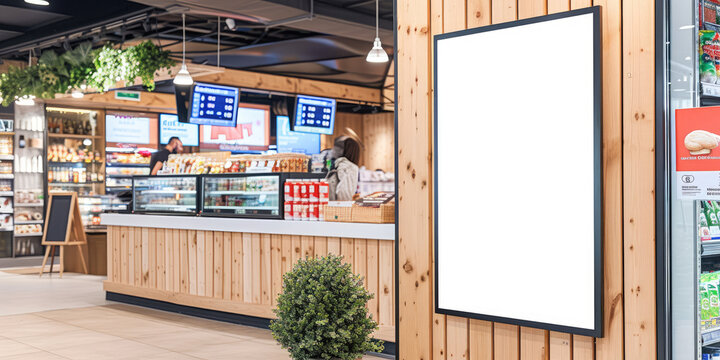 White billboard on wooden wall, for advertising, mockup presentations, announcements, promotions, and digital marketing.Blank Poster frame template Digital screen Supermarket Advertising banner