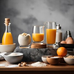 Background Podium photo for food blog with Marbled white granite countertop background with individual small glass bowls filled with the following ingredients: salt, brown sugar, flour, a cracked egg 
