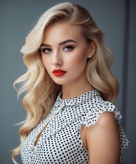 a woman with blonde hair a red lipstick and a black and white dress is posing for a picture 