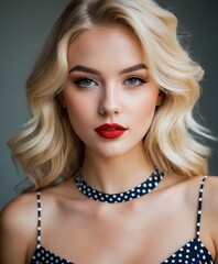 a woman with blonde hair a red lipstick and a black and white dress is posing for a picture 